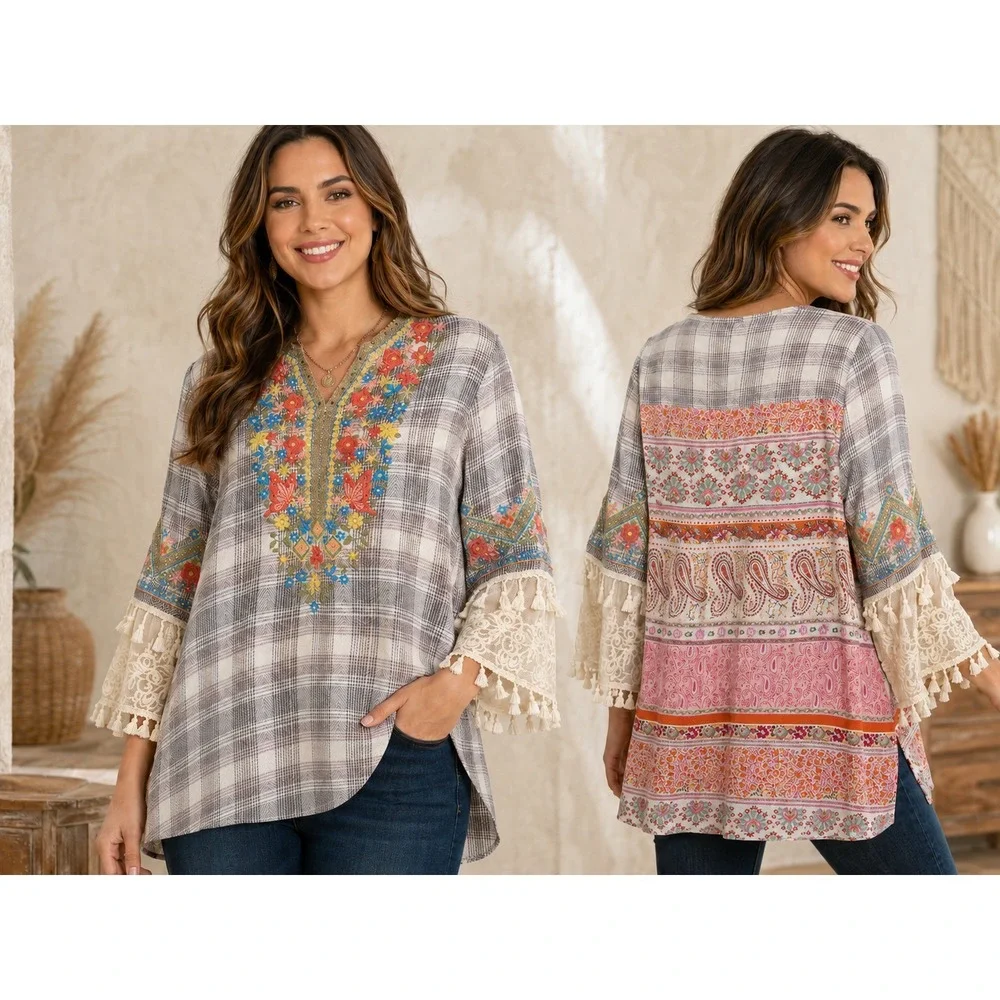 John Mark Boho Embroidered Plaid Tunic Top Lace Tassel Sleeve Blouse Womens XL - Picture 14 of 14